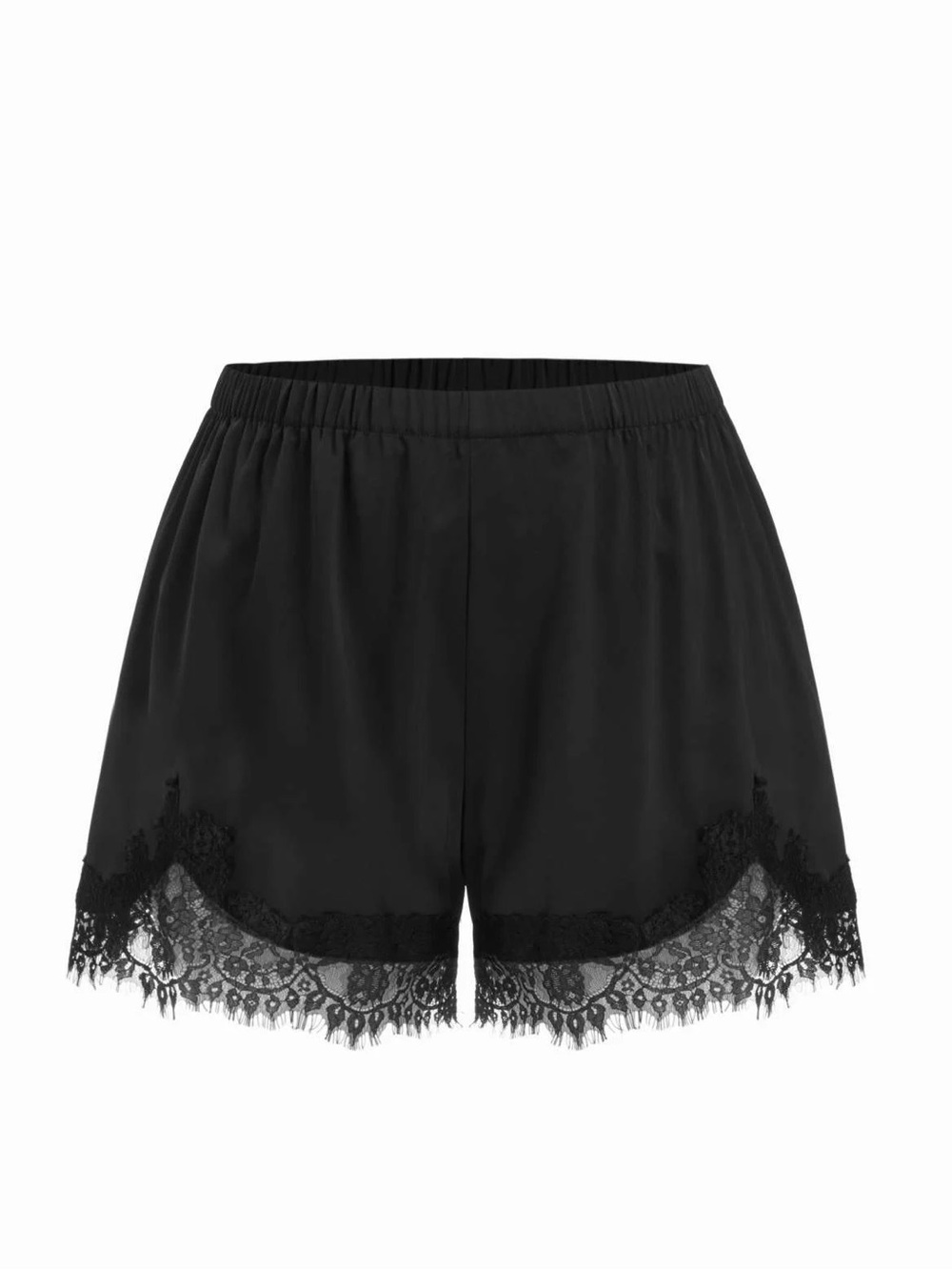 SATIN MID RISE SOLID ELASTIC WAIST FLORAL LACE SHORTS
